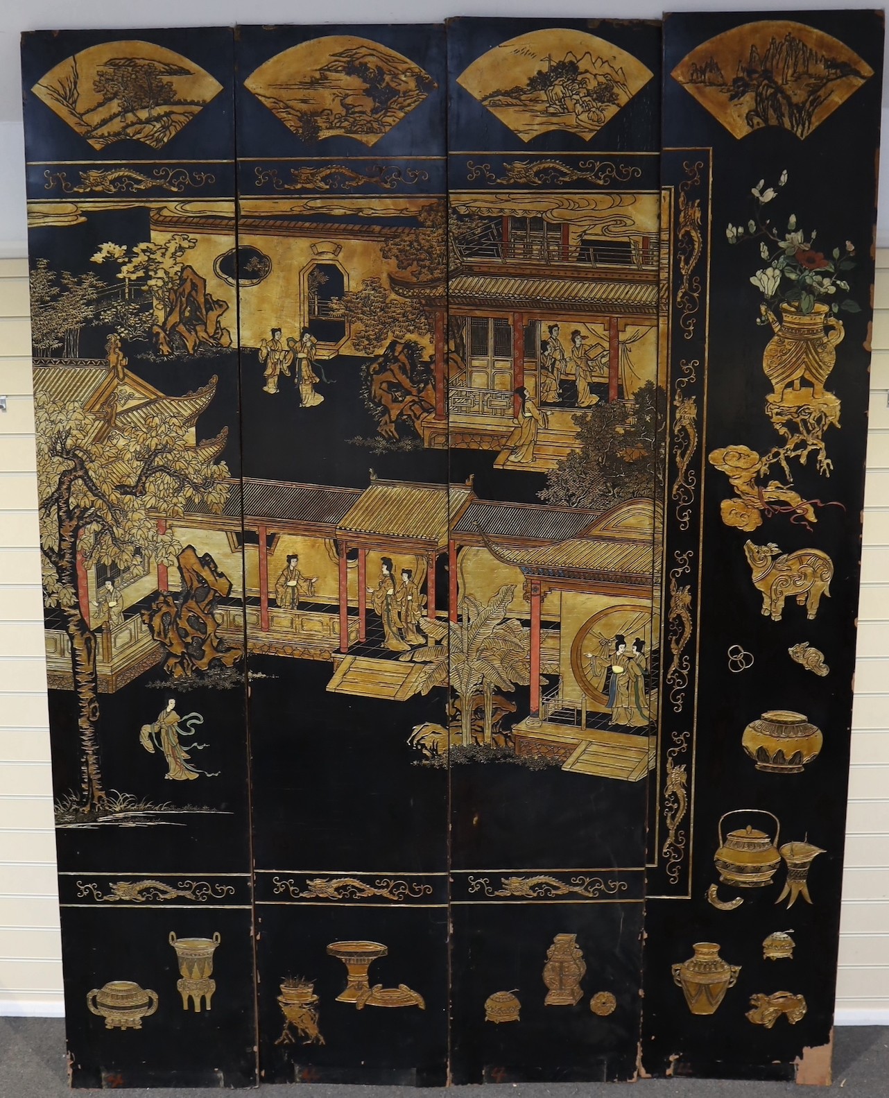 A Chinese coromandel lacquer twelve panel screen, 19th century, each leaf panel width 49cm, height 264cm